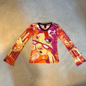 NWT Vintage Y2K Hayes Top S Long Flare Sleeve Custo Barcelona T-shirt Graphic